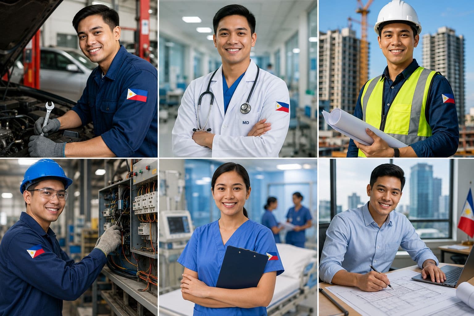 Filipino professionals in mechanical, medical, engineering, electrical, nursing, and office roles